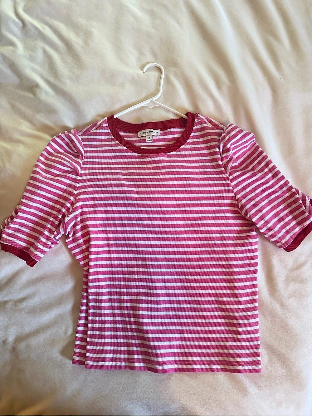 Rebecca Minkoff Puff Sleeve Rib Knit Top Pink & White Medium